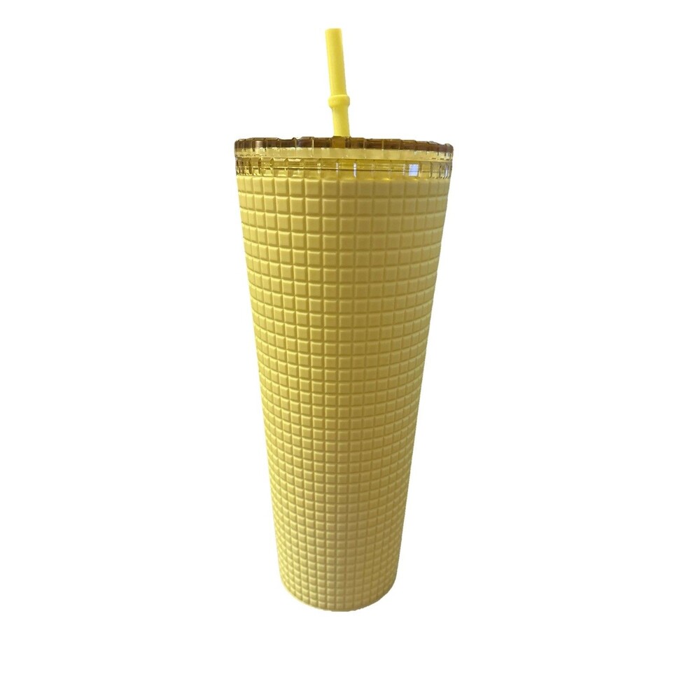 Starbucks 24 oz Meadow Yellow Soft Touch Grid Tumbler Cold Cup With Straw - Picture 3 of 7